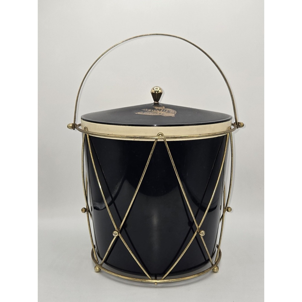Thermos Model 9940 Black Ice Bucket Gold Tone Wire Carrier Mid Century Barware